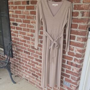 Loft Beige Long Sleeve V-Neck Dress